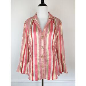 Vintage Carlisle Top Shirt Linen Silk Striped Metallic Eclectic Red Gold Size 4